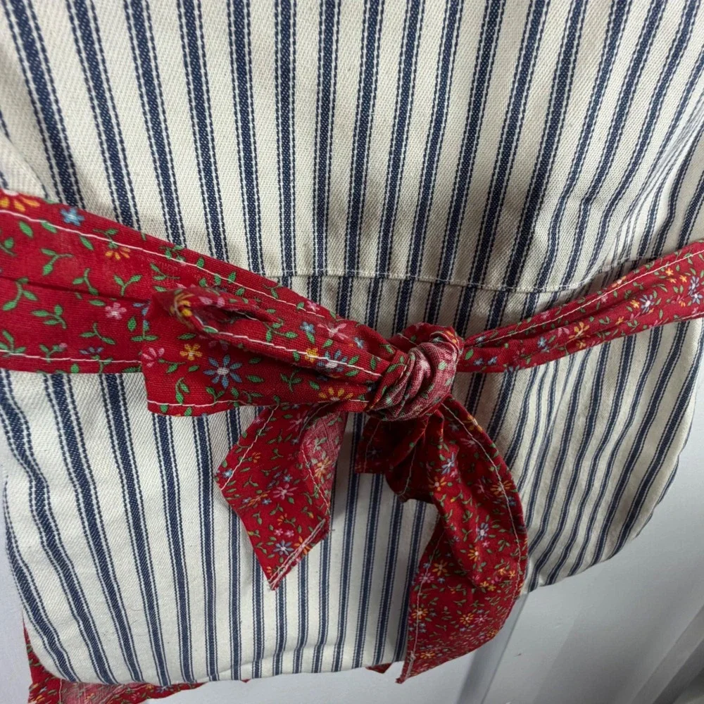 Handmade Vintage Style Clothespin Holder Apron Red Floral Ticking Stripe Lace